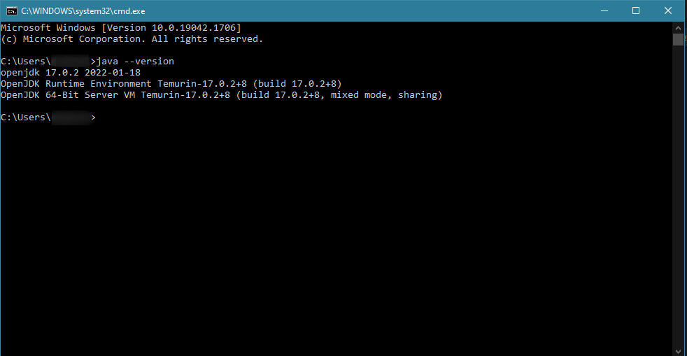 Command prompt with "java -version" typed in.