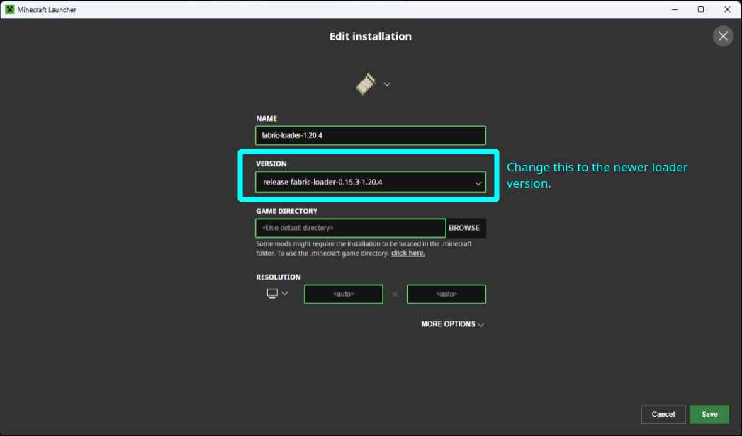Оновлення версії Fabric Loader у лаунчері Minecraft.